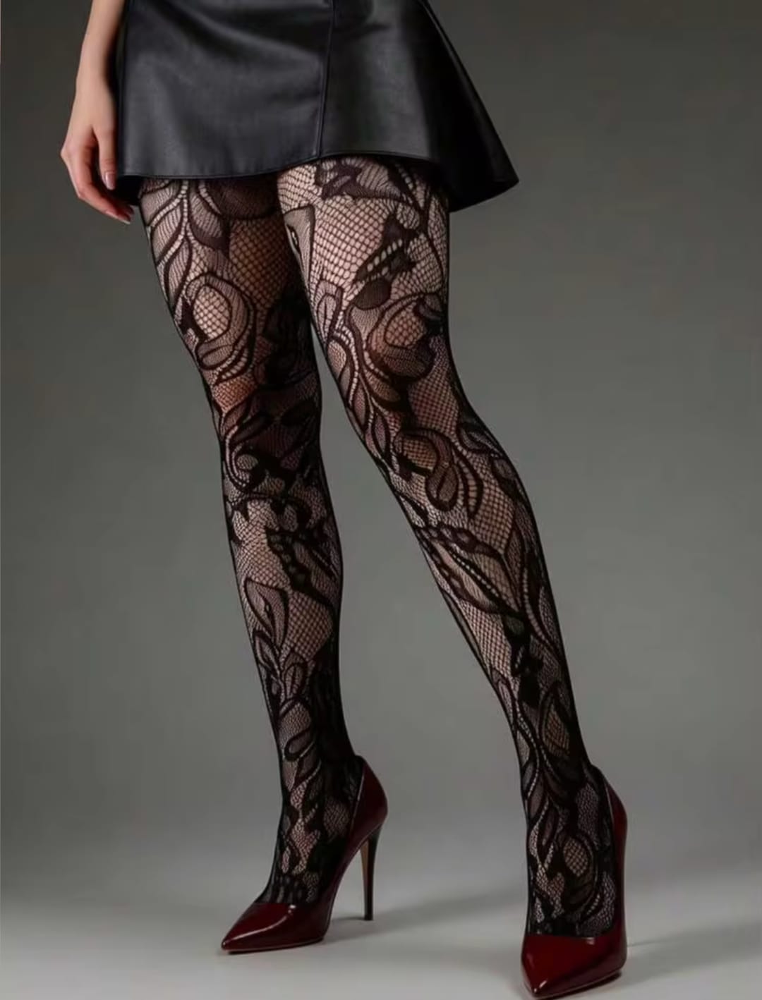 Women’s Black Floral Lace Fishnet Tights – Sheer Patterned Full-Length Fashion Stockings